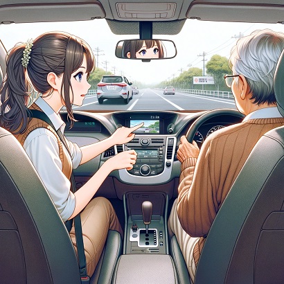 DALL?E 2024-04-04 18.22.22 - Illustrate a scene inside a driving school car in the style of a Japanese beautiful girl (_bishoujo_) anime, depicting an elderly student behind the w.jpg